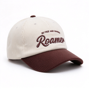Casquette de baseball unisexe en velours côtelé bicolore, style vintage, broderie Roamer, douce, 6 panneaux, calotte beige, visière contrastante marron - Product Image 3