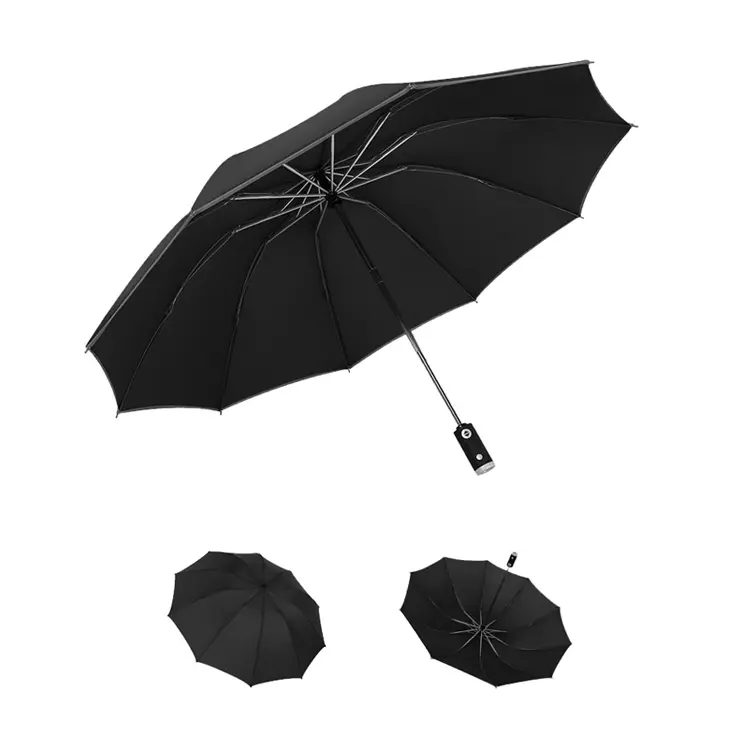 Automatic Open Close Reverse LED Umbrella with reflective strip 3-folding Umbrella