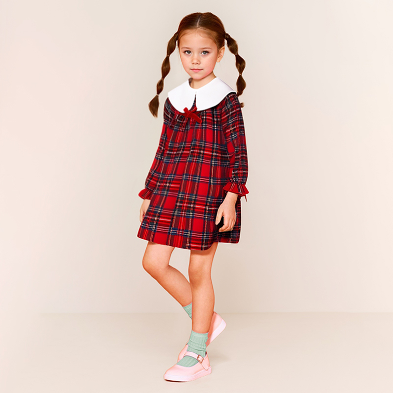 Girls Red Plaid Dress - Long Sleeve a-Line Princess Dress