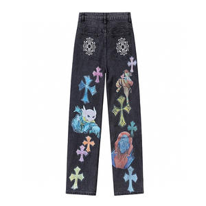 クロムハーツ ファンタジー ナラティブ メンズ デニム ジーンズ 秋 カジュアル ミッドウエスト パッチワーク 織り クイックドライ ワイドレッグ ストレート - Product Image 2