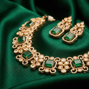 Glamorous Silver Plated Green Emerald Square Stone Choker Necklace Set With Matching Stud Earrings Set For Modern Bridal Wear - Product Image 5