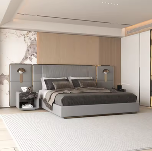 Luxury Room Furniture Bedroom Set <b>Queen</b> King <b>Size</b> <b>Bed</b> Fram Italian Grey Leather Double <b>Bed</b> - Product Image 5