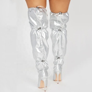 Size 44 Stretch Wide Top Women Silver Over Knee High Boots Stiletto <b>Pointed</b> Toe Elastic Lace up Shoes Thigh High Long Booties - Product Image 5