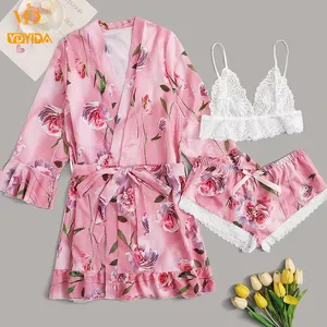 Conjunto feminino sexy floral de cetim, casaco com renda top e calcinha, 3 peças, roupa para dormir, conjunto de noite