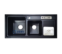 Évier de cuisine double cuve fait main avec support à couteaux à deux trous, multifonctionnel, style européen moderne, noir, à encastrer, surface mate, en quartz