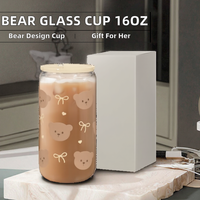 Gobelet esthétique en verre pour café glacé Bear Glass, sans BPA, avec couvercle, cadeau pour femmes et filles, 16 oz