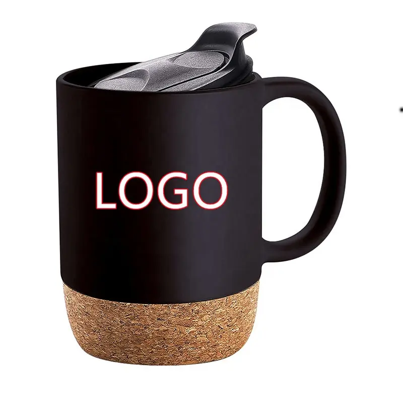 Fabricant de céramique produits les plus vendus tazas logo personnalisé autocollant noir mat 12oz café en liège tasses en céramique avec base en liège