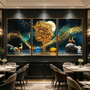 Custom Factory Wholesale 3 Panels <b>Framed</b> Wall Art Golden Money Tree Golden Deer Elk Landscape Crystal Porcelain <b>Painting</b> - Product Image 2