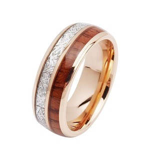 Bague de mode Poya en tungstène bombé de 6 mm et 8 mm, plaquée or rose, avec incrustation <span class=keywords><strong>imitation</strong></span> météorite et <span class=keywords><strong>bois</strong></span>, pour mariage, fiançailles ou cadeau - Product Image 1