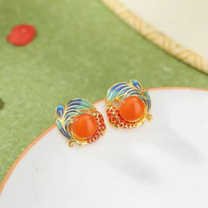Imitation Natural Chalcedony Koi Enamel Glaze Zircon <b>Earrings</b> for Women New Chinese Style Retro Cloisonne Women's <b>Earrings</b> - Product Image 6