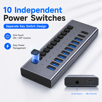 Hub USB C 10 en 1 con 10 Puertos, Divisor Múltiple de Aluminio con 10 Interruptores Individuales, Adaptador de Corriente de 20V 3A, 95W PD
