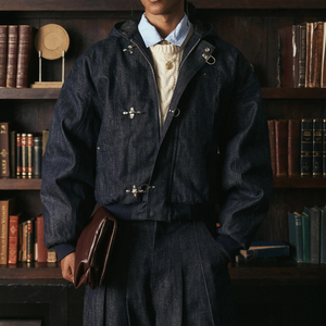 Veste à capuche <span class=keywords><strong>en</strong></span> denim selvedge personnalisée pour homme, lourde, style pompier, bouton de homard, denim brut, texture denim, vêtement de travail, <span class=keywords><strong>bomber</strong></span> - Product Image 1