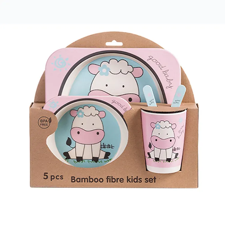 Fábrica al por mayor de fibra de bambú de dibujos animados niños vajilla ecológica 5 uds taza plato conjunto para bebé