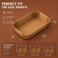 Papiers sulfurés rectangulaires marron double face antiadhésifs pour friteuse à air, 150 pièces jetables 20,5x14cm pour panier double de four à pain