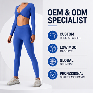 Women Premium Cobalt Blue Seamless Yoga Set with Twist Front Long Sleeve Crop Top and <b>Booty</b> Scrunch High Waist Fitness <b>Leggings</b> - Product Image 2