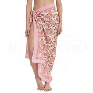 Pareo de algodón con estampado a mano Mughal en rosa, verde y mostaza para mujer, ligero, para cubrir el bikini, ropa de verano - Product Image 4