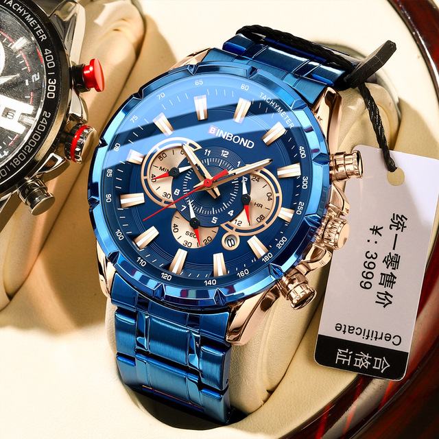 BINBOND B6395 6395 Fashion Casual Stainless Steel Watches Men's Quartz Wristwatch Chronograph Sports Luminous Pointers Men Watch