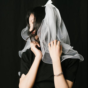 Voile de mariée élégant en perles blanches, court, multi-couches, en tulle avec nœud en satin pour cérémonie de <span class=keywords><strong>mariage</strong></span>, voile de mariée court - Product Image 4