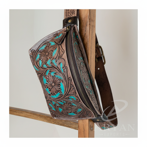 Riñonera de cuero mecanizado para mujer, venta al por mayor, riñonera Vintage de cuero de vaca, riñonera de cuero con patrón turquesa Floral occidental - Product Image 1