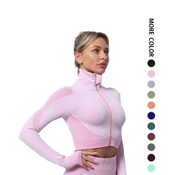 Long Sleeves Nylon Spandex Women Seamless Zipper Sports Yoga Sport Crop Top