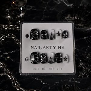 Faux ongles à presser noirs et blancs en forme d'amande, motif étoile 3D spirale géométrique, couverture complète pour femmes - Product Image 5