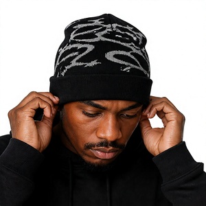 Custom Logo Jacquard Knit Beanie Hat Winter Warm Cuffed Skull <b>Cap</b> Unisex Black Knit Beanies For <b>Men</b> Women - Product Image 1
