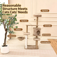 Arbre à chat multi-niveaux en bois avec condo, hamac doux, perchoir supérieur, poteaux à gratter écologiques en lin naturel, structure stable pour le jeu du chat