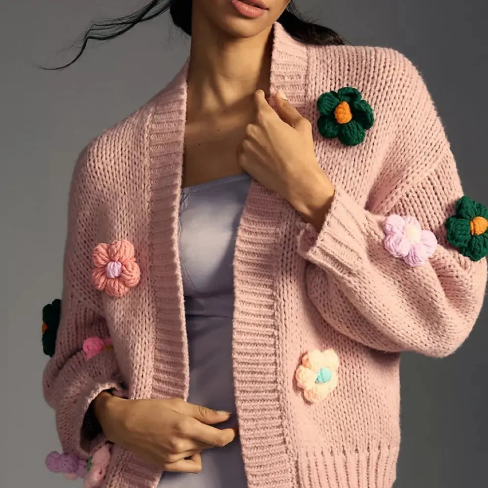 RITA 2024 nuevo diseño de gran tamaño de las mujeres flor bordado linterna manga tejido cárdigan suéter
