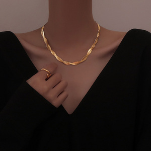 Tarnish Free Jewelry Twisted Snake Chain <b>Choker</b> Necklace PVD Gold Plated Stainless Steel Flat Blade Snacke Chain - Product Image 6