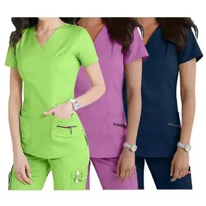 Wholesale Custom Logo Breathable Short Sleeve Spa Beauty Spandex Hospital Lab Women Top Pant Nurse Medical Scrubs Uniforms Sets