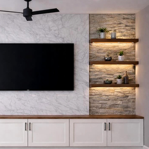 Étagère TV <span class=keywords><strong>flottante</strong></span> en <span class=keywords><strong>bois</strong></span> foncé, style rustique, éclairage chaleureux, décoration en <span class=keywords><strong>bois</strong></span>, grand rangement, banc TV avec supports métalliques - Product Image 5
