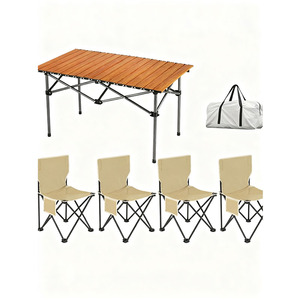 Multifunction Folding Picnic <b>Table</b> Outdoor <b>Camping</b> Set Wood-grain Color Long <b>Table</b> 4 Chairs with <b>Storage</b> Bag - Product Image 1