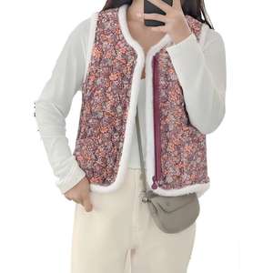Chaleco Acolchado Floral con Ribete de Piel Blanca, Cuello en V, para Mujer de Mediana Edad, Prenda Exterior de Invierno, Elegante y Casual para Reuniones - Product Image 3