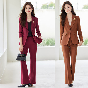 Women's Suit Set Burgundy Wide Leg Pants Professional Blazer Anti-Wrinkle Commute Wear - Product Image 1