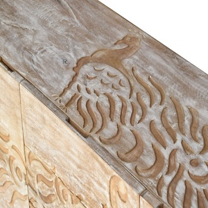 Hand-Carved Wooden <b>Sideboard</b> Cabinet with Abstract Wave Design | Natural Finish Storage Console with Metal Base - Product Image 2