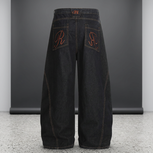 Pantalones Vaqueros Anchos de Mezclilla Oscura para Hombre, Cintura Alta, Corte Holgado, con Letra R Bordada en los Bolsillos Traseros, Estilo Urbano - Product Image 4
