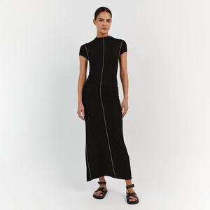 Robe longue de haute qualité à manches courtes, robe moulante respirante en tricot pour femmes - Product Image 5