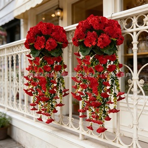 Ramo de Flores Artificiales, Guirnalda Roja Colgante de Plástico para Decoración Interior y Exterior, Begonia, Gloría de la Mañana, Eucalipto, Venta al por Mayor de Fábrica - Product Image 5