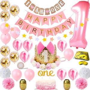 Decorazioni per il Primo <span class=keywords><strong>Compleanno</strong></span> della Principessa, Topper per Torta 'Uno', Kit Palloncini Rosa e Oro per Festa di <span class=keywords><strong>Compleanno</strong></span> a Tema Castello Reale con Corona e Fiori - Product Image 1
