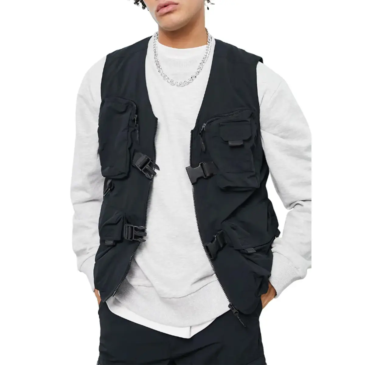 Fashion Wholesale Lightweight Men's Nylon Multiple Pockets Zip Front Buckle Utility Vest Sleeveless Jacket For Male