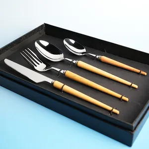 Eco Dark Natural Real Bamboo Handle Gold Silver Cutlery Set Stainless Steel 304 Flatware