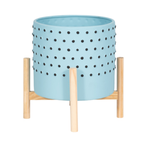 Vaso in ceramica con supporto in legno per uso interno ed esterno, azzurro con puntini neri, diametro 12 pollici - Product Image 1