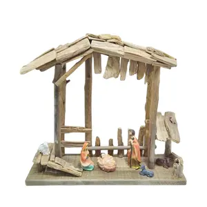 Nativité en bois ensemble Figurine religieuse artisanat Statues chrétiennes avec tissu pour cadeaux de noël