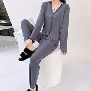 WANBAO Robe de nuit en satin modal à manches longues PJ-1431 élégante à motif solide respirant taille élastique grande taille printemps maison - Product Image 5