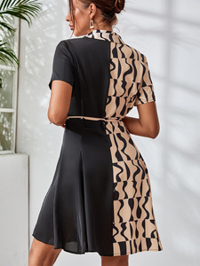 Robe d'été style européen et américain, color-block, à manches courtes, sans col, coupe ajustée, avec ceinture à nouer, type cardigan - Product Image 3