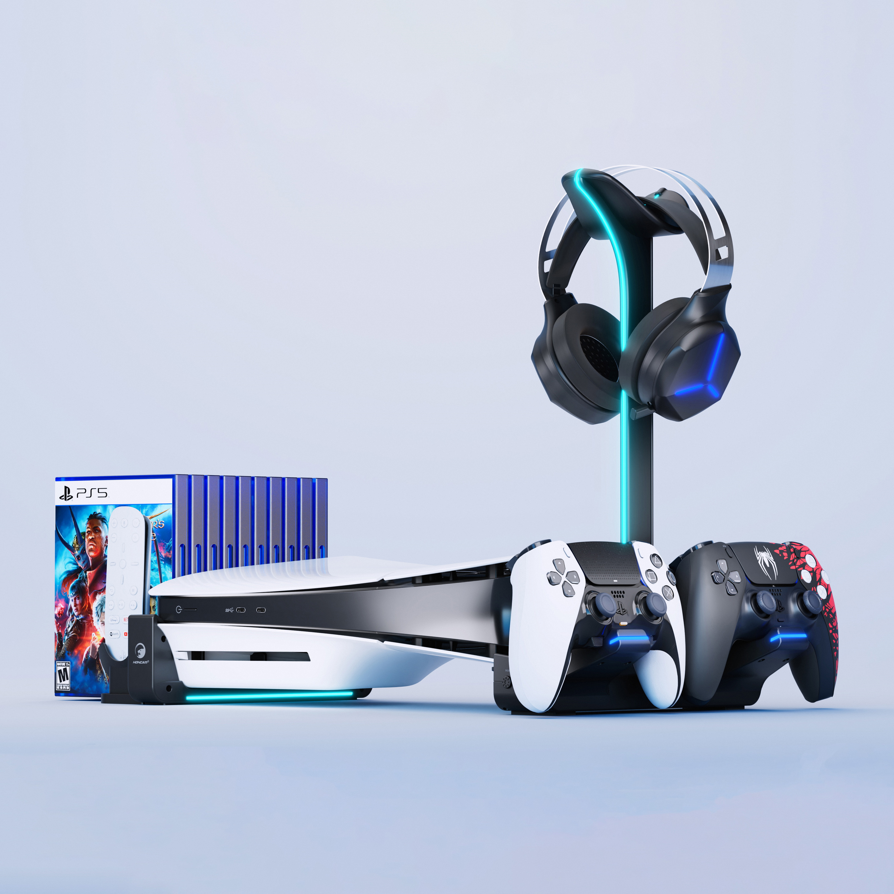Honcam Stand Horizontal Cooling Chatging Station RGB Light Headset Remote Holder for Playstation 5 Slim