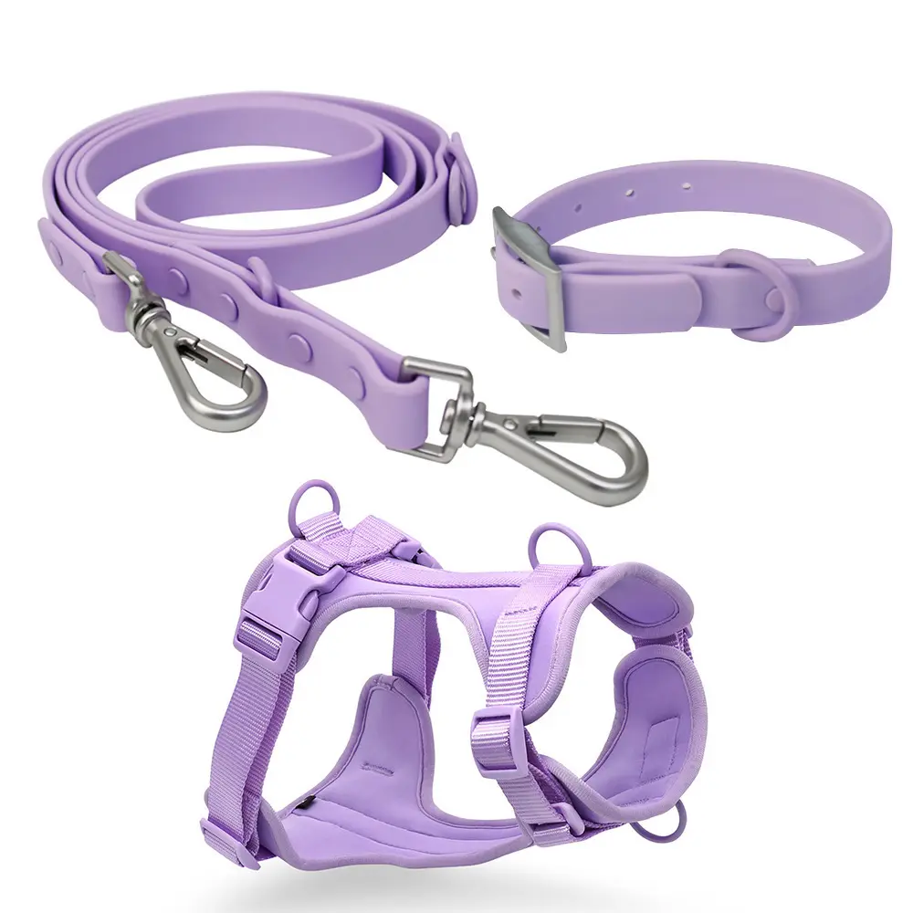 Custom Designer Luxury Solid Macaron Pvc Nylon Silicone Pet Reflective Adjustable Dog Vest Collar Leash And Harness Set