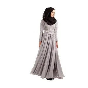 Hot Sale Muslim Maxi Dress Fashion Design Long Evening Gown with Lace Top for Lace Evening Gown