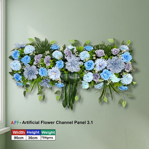 โรงงานดอกไม้ประดิษฐ์ Azure Bliss & Lavender Mist Silk Channel Panel แผงดอกกุหลาบสีน้ำเงินหลายเฉดและใบไม้สีเขียวเงินแบบแถว โมเดิร์น - Product Image 3