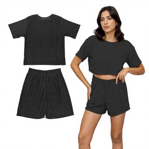 Ensemble deux pièces décontracté pour femme, chemise unie à col rond et manches trois quarts, pantalon ample à jambes larges, teint uni, pour usage quotidien - Product Image 2